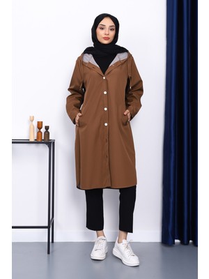 Camel Kapşonlu Düğme Detaylı Trençkot