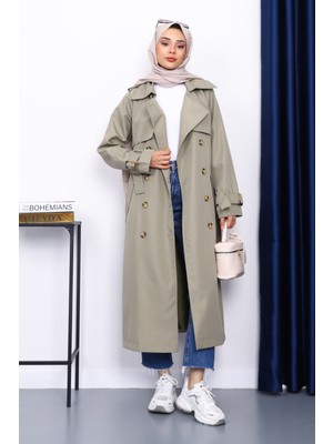Haki Kravuze Yaka Kuşaklı Trençkot