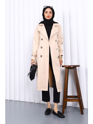 İmaj Butik Bej Kruvaze Yaka Düğmeli Trençkot Polyester Kumaş ile Şık ve Rahat Tasarım