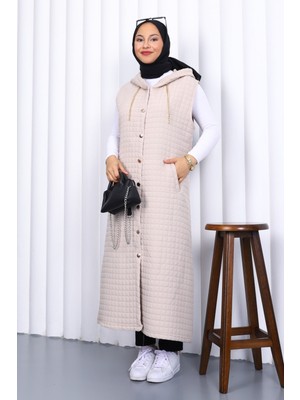 Taş Kapüşonlu Kapitone Uzun Yelek