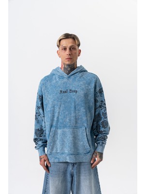 Erkek Root Deep Baskılı Yıkamalı Kapüşonlu Oversize Hoodie Mavi