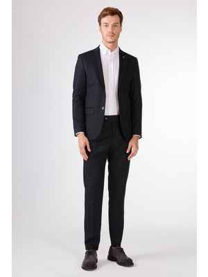 Koyu Lacivert Armürlü Slim Fit Casual Takım Elbise