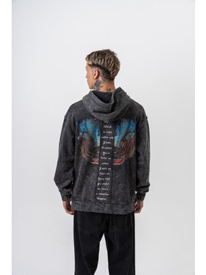 Erkek Snake Baskılı Yıkamalı Kapüşonlu Oversize Hoodie Siyah