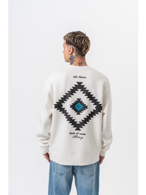 Erkek Memory Baskılı Bisiklet Yaka Oversize Sweatshirt Ekru