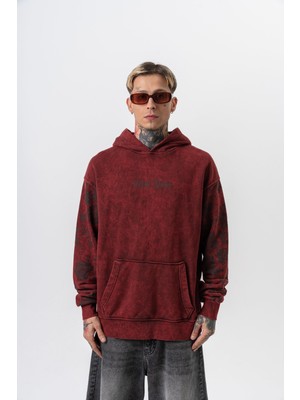 Erkek Root Deep Baskılı Yıkamalı Kapüşonlu Oversize Hoodie Bordo