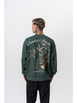 Erkek Divided Baskılı Yıkamalı Bisiklet Yaka Oversize Sweatshirt Yeşil