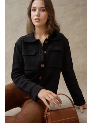 Hiccup Kadın Düğmeli Cep Detaylı Triko Hırka Siyah