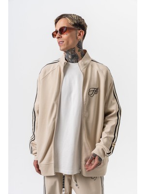 Erkek 3'lü Şerit Detaylı Dik Yaka Doubleface Zip Oversize Sweatshirt Bej