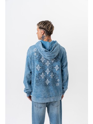 Erkek 10 Baskılı Yıkamalı Kapüşonlu Oversize Hoodie Mavi