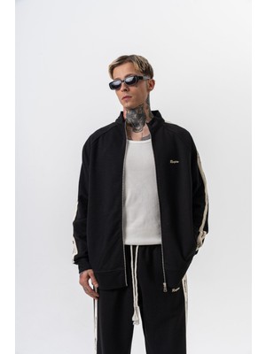 Erkek Respire Şerit Detaylı Dik Yaka Doubleface Zip Oversize Sweatshirt Siyah