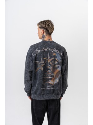 Erkek Divided Baskılı Yıkamalı Bisiklet Yaka Oversize Sweatshirt Siyah