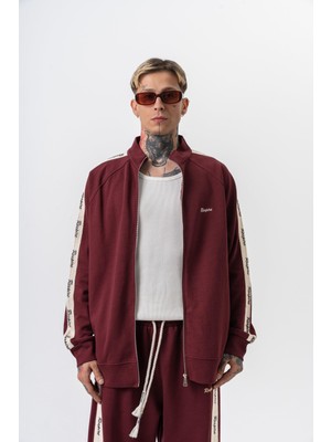 Erkek Respire Şerit Detaylı Dik Yaka Doubleface Zip Oversize Sweatshirt Bordo