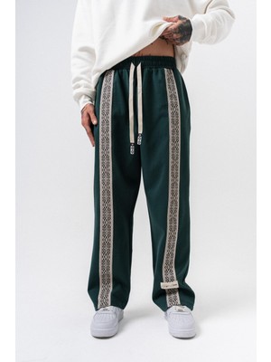 Erkek Etnik Şerit Detaylı Kışlık Doubleface Baggy Eşofman Altı Nefti