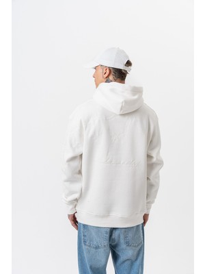 Erkek Minimalism Series Nakışlı Kapüşonlu Oversize Hoodie Ekru