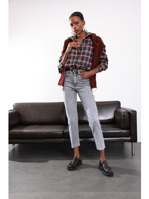 Gri Yüksek Bel Boyfit Jean