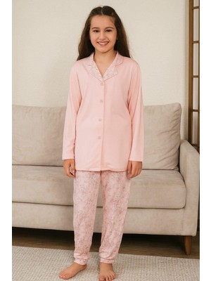 Kız Çocuk Önü Düğmeli Uzun Kol Pijama Takımı Somon