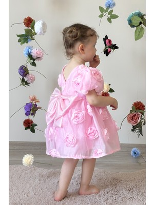 ALYRA Kız Bebek Elbise Kısa Kollu Fiyonklu Güllü Abiye Parti Düğün İçin Pembe Mini Boy