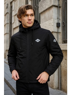 Erkek Astarlı Bol Cepli Siyah Rüzgarlık & Yağmurluk