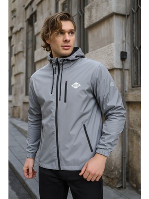 Erkek Astarlı Bol Cepli Gri Rüzgarlık & Yağmurluk