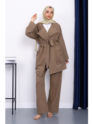 Haki Bel Kuşaklı Keten Kimono Pantolonlu Takım