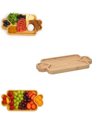 Bambu Ahşap Kalp Bölmeli Kulplu Dikdörtgen Servis Tabağı Küçük Sunum Tepsisi (24,9 cm x 13,9 cm x 1,4 Cm)