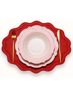 Nakış Detaylı Kırmızı Deri Amerikan Servis/ Supla/ Placemats