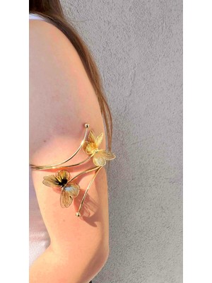Gold Kelebek Detaylı Paslanmaz Çelik Ayarlanabilir Kadın Pazu Bileklik Kol Kelepçesi Armcuff