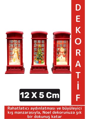 Dekoratif Hediyelik Ev Ofis Christmas Yılbaşı Noel Tema Telefon Kulübeli Işıklı Kar Küresi 12 x 5 cm