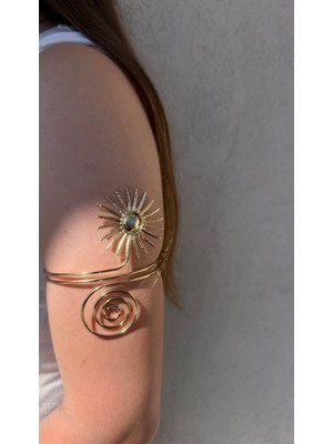 Gold Güneş Detaylı Paslanmaz Çelik Ayarlanabilir Kadın Pazu Bileklik Kol Kelepçesi Armcuff