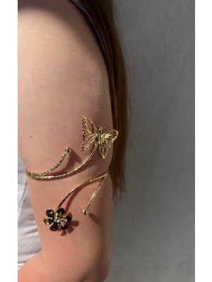 Gold Kelebek ve Çiçek Detaylı Paslanmaz Çelik Ayarlanabilir Kadın Pazu Bileklik Kol Kelepçesi Armcuff