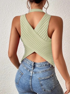 Kadın Kolsuz Sırt Çapraz Detay Triko Bluz