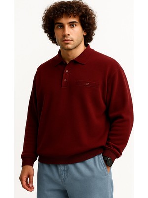 Erkek Büyük Beden 122 Kilo - 158 Kilo Arası Için Uygun Geniş Kalıp Polo Yaka Selanik Sweat Bordo