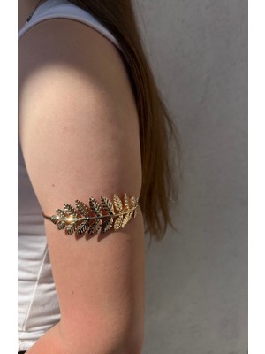 Gold Taç Yaprak Detaylı Paslanmaz Çelik Ayarlanabilir Kadın Pazu Bileklik Kol Kelepçesi Armcuff