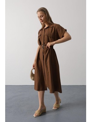 Kuşaklı Cep Detaylı Yarım Kol Elbise - Kahve