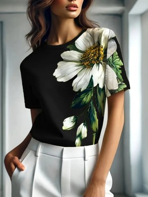 Kadın Kısa Kollu Bisiklet Yaka Çiçek Baskılı Süprem Bluz