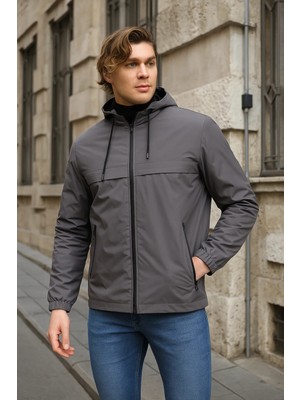 Erkek Astarlı Kapşonlu Füme Rüzgarlık & Yağmurluk
