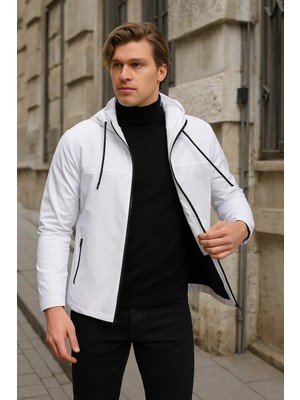 Erkek Astarlı Kapşonlu Beyaz Rüzgarlık & Yağmurluk