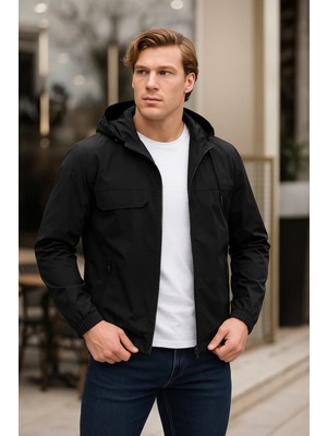 Erkek Astarlı Kapşonlu Siyah Rüzgarlık & Yağmurluk