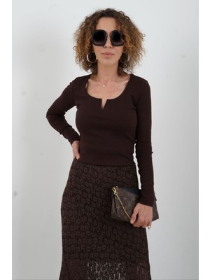 Kahve Uzun Kol Damla Yaka Bluz