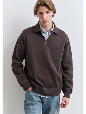 Mavi Polo Yaka Yarı Fermuarlı Kahverengi Sweatshirt 0S10414-70219