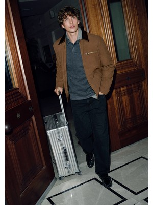 Mavi Yaka Detaylı Kahverengi Suni Süet Ceket 0110638-70378