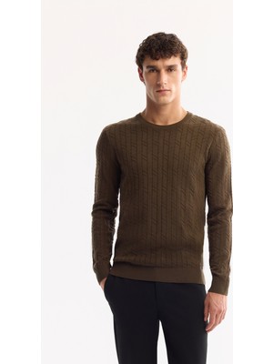 AVVA Erkek Haki Bisiklet Yaka %100 Akrilik Dokulu Triko Regular Fit Kazak E005088