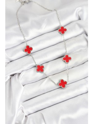 Zarif Kadın Için Silver Çelik Kırmızı Yonca Zincir Kolye