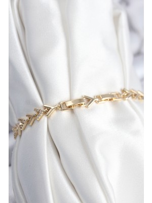 Zarif Kadın Için Golden Pirinç Prestij Zirkonlu Balık Sırtı Bileklik