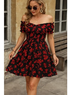 Nidam Butik Kadın Kısa Kollu Madonna Yaka Beli Lastikli Çiçek Desenli Kısa Süprem Elbise