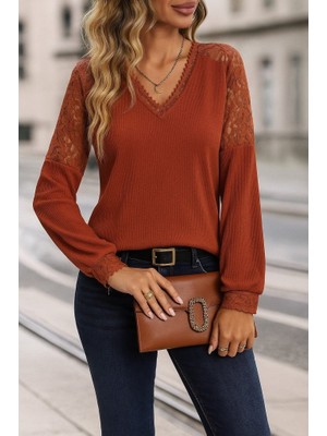 Arben Boutique Kadın Uzun Kollu V Yakalı Dantelli Waffle Bluz