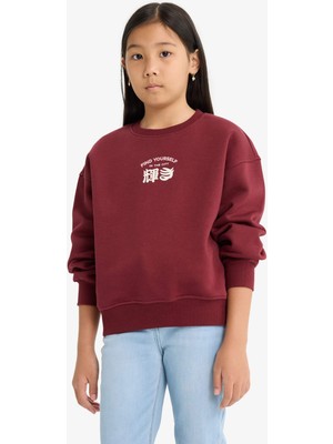 DeFacto Kız Çocuk Relax Fit Bisiklet Yaka Baskılı İçi Yumuşak Tüylü Sweatshirt E6779A825WN