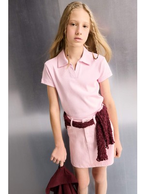 DeFacto Kız Çocuk Slim Fit Dar Kesim Polo Yaka Fitilli Kaşkorse Kısa Kollu Tişört G1710A825AU