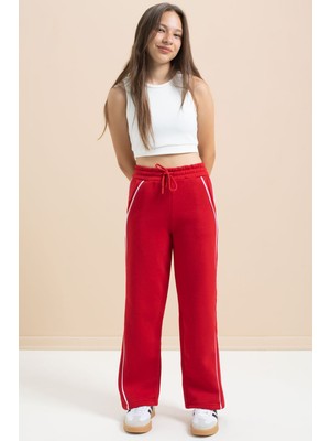 Kırmızı Yanları Şeritli Geniş Paça Kız Çocuk Şardonlu Eşofman Altı 21465