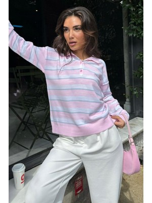 Pembe Çizgili Polo Yaka Düğmeli Kadın Kazak MG2561